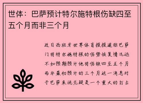 世体：巴萨预计特尔施特根伤缺四至五个月而非三个月