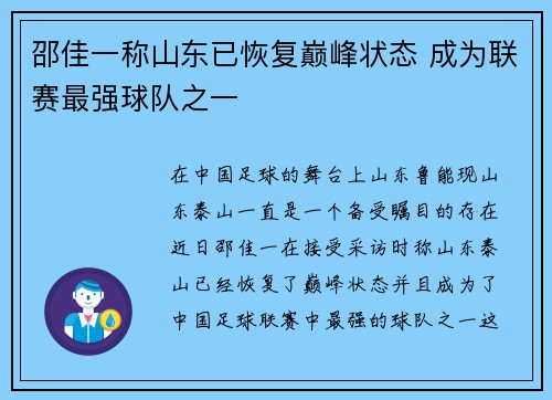 邵佳一称山东已恢复巅峰状态 成为联赛最强球队之一