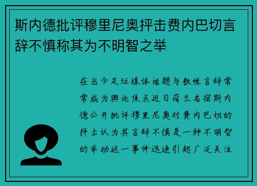 斯内德批评穆里尼奥抨击费内巴切言辞不慎称其为不明智之举