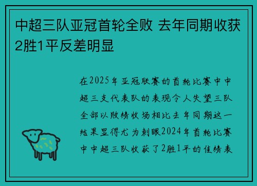 中超三队亚冠首轮全败 去年同期收获2胜1平反差明显