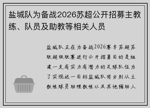 盐城队为备战2026苏超公开招募主教练、队员及助教等相关人员 盐城队为备战2026苏超公开招募主教练、队员及助教等相关人员